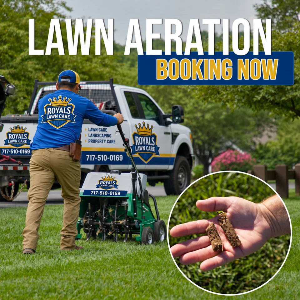 Royals Lawn Care lawn aeration promotion: booking now. Call 717-510-0169.