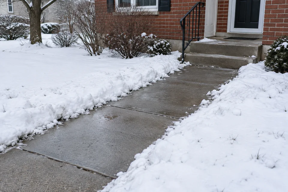 Snow-cleared concrete walkway and front steps beside a brick home