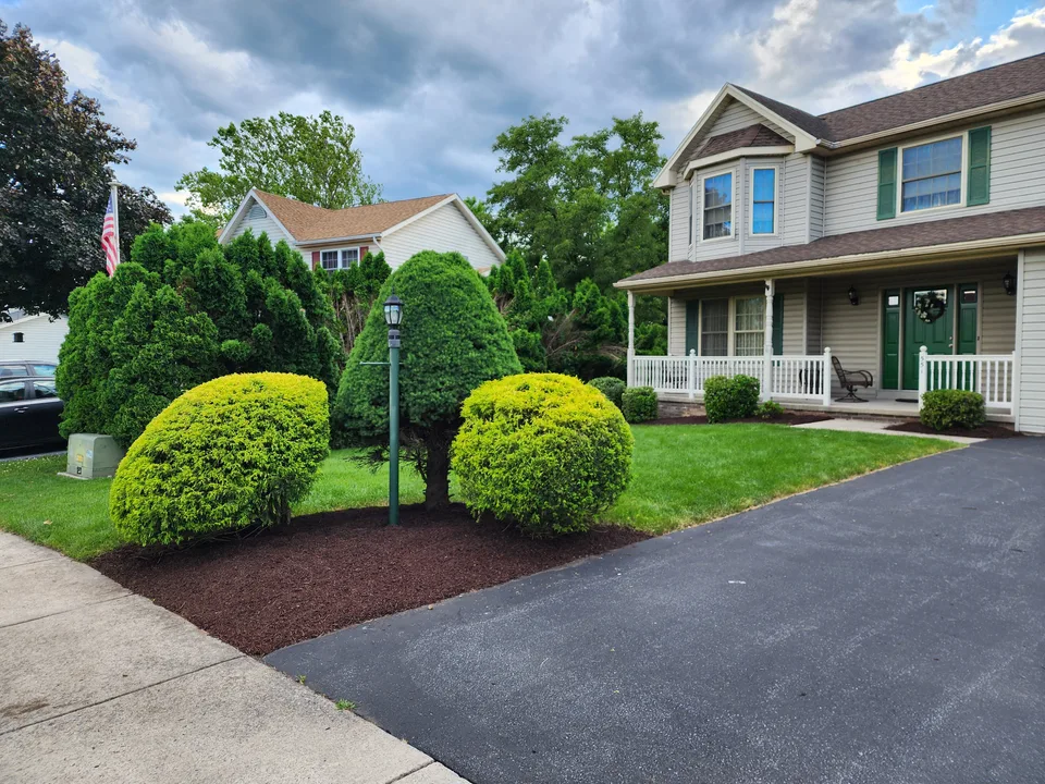 Shaped front-yard shrubs and refreshed mulch beds from the Royals work gallery